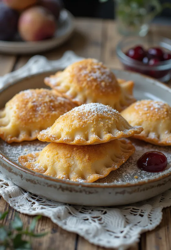 Freshly boiled plum jam ravioli (derelye), sprinkled with toasted breadcrumbs.