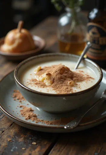 Creamy semolina pudding sprinkled with cocoa, served with fresh fruits