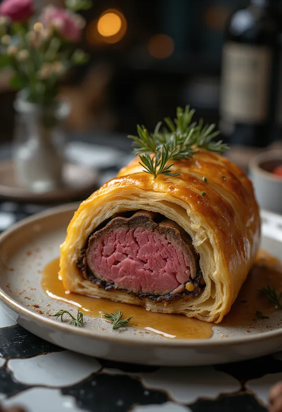 Beef Wellington sliced, served with fresh vegetables