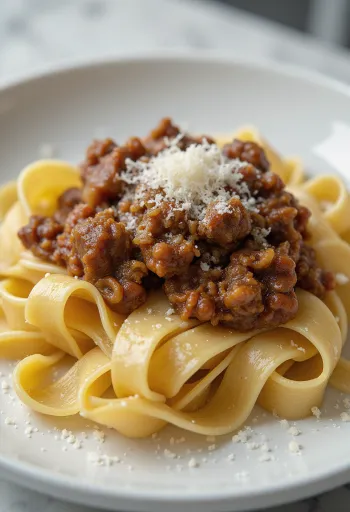 Wild boar ragu with pappardelle served in a rustic plate.
